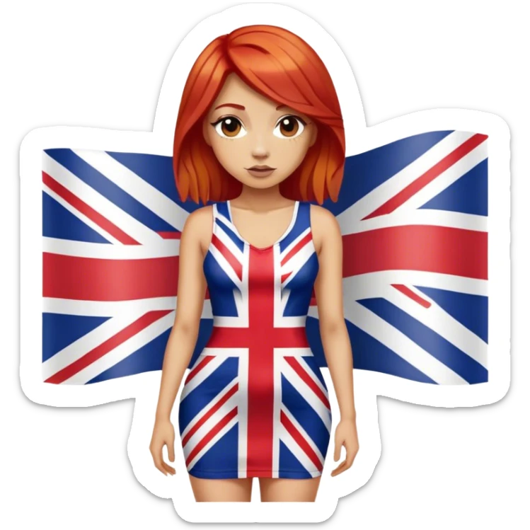 Geri Halliwell with red hair and blonde highlights wearing a short bodycon Union Jack flag dress sticker