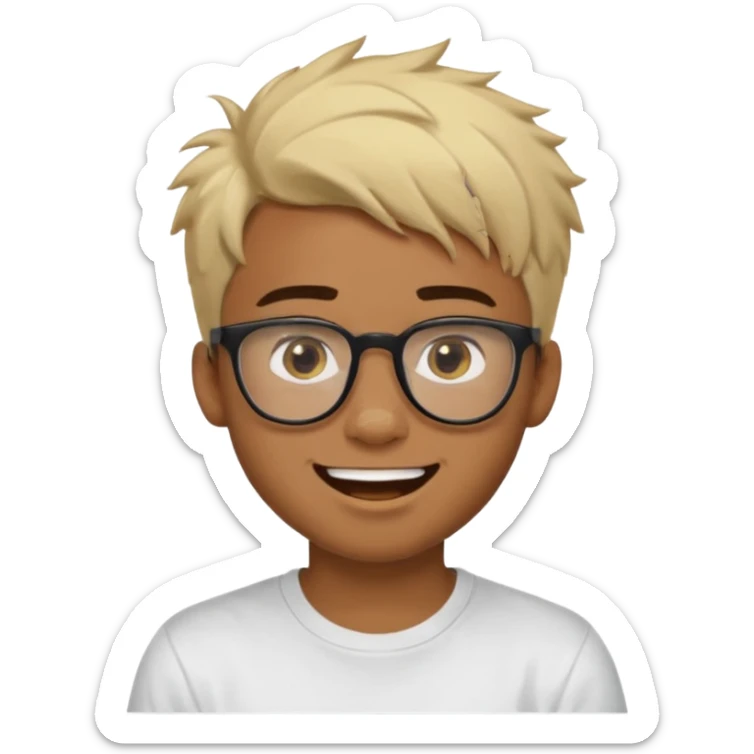 Teenager. Short buzz, messy blonde hair. Dark brown bushy eyebrows large expressive golden-brown eyes, brown skin color, scar over nose, wearing a plain white t-shirt. wearing clear thick black glasses. 20 year old male. laugh facial expression. brown skin color.  sticker