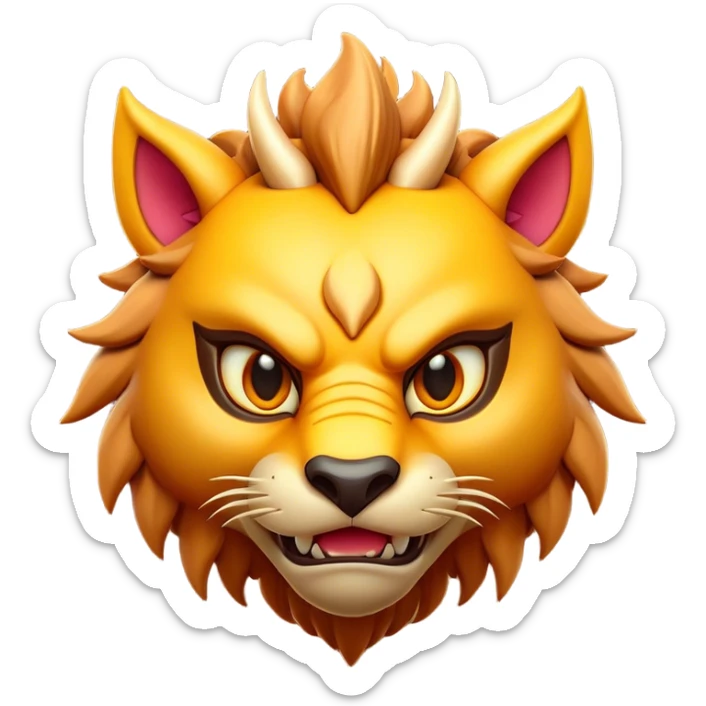 Clash of Clans aesthetic: Cinematic fierce Beast Emoji, rendered in a 3D vector-style similar to standard emojis with minimal shading and bold, simplified shapes. A compact, isometric mythical creature with wild, majestic features and fierce yet endearing eyes, softly glowing with a primal enchanted charm. Simplified yet unmistakably iconic, highly detailed and consistent, glowing with a soft radiant shine and high polish. Stylized with a touch of mythical wildness and a soft glowing outline, capturing the essence of a legendary beast with a friendly, playful allure! sticker
