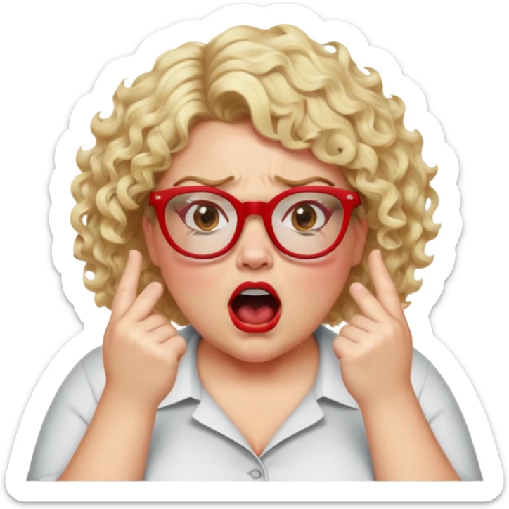 blonde woman with short curly hair, slightly overweight, wearing red-framed glasses, shouting with hands on sides of mouth, angry and proud expression sticker