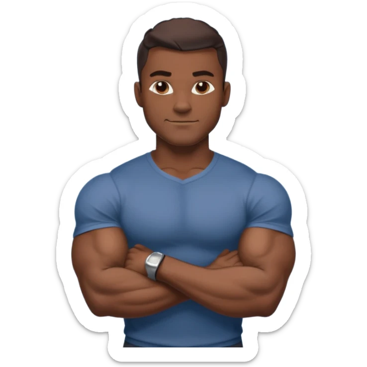 Adult male, dark skin, muscular build, confident smirk, arms crossed, sleek modern casual clothing, assertive pose, strong silhouette, bold shading. sticker