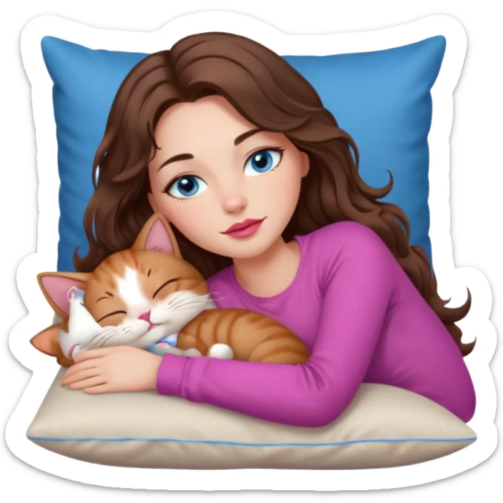 girl with long wavy brown hair, blue eyes, long lashes makeup, sexy pink lips, sleeping on a cozy pillow with 6 cats sticker