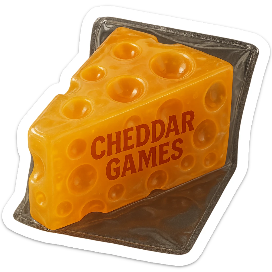 A retro, hyper-realistic block of cheddar cheese with Swiss holes, made of clear orange plastic, soft and squishy like a gummy, with soft reflections and cloudiness, sealed in plastic with 'Cheddar Games' text, no background, extremely high quality and detailed. sticker