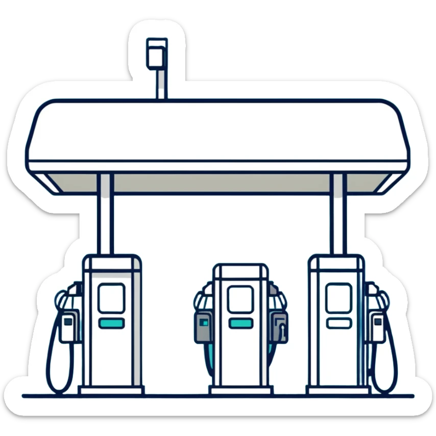 Male gas station attendant standing next to fuel dispenser, minimalist design with soft gradients in sky blue, teal green, white, and light gray sticker
