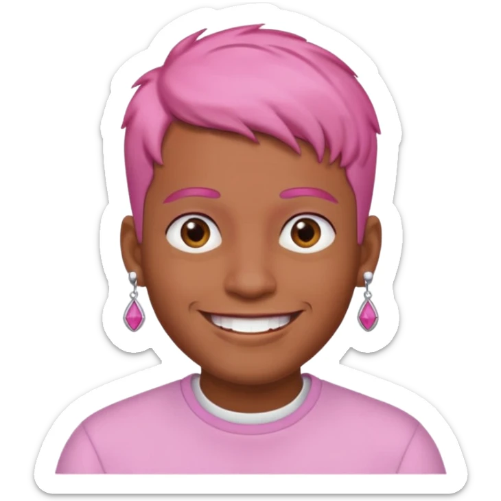 cool man with brown skin, short pink hair, two earrings, big smile, iOS emoji style sticker