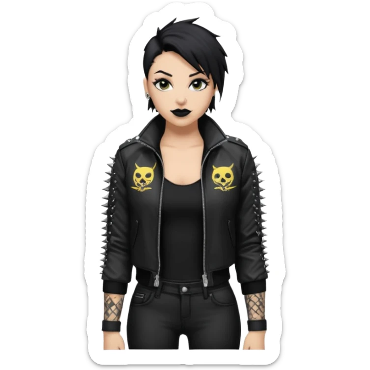 Give Rhea Ripley black hair and a spiked jacket and long black pants with black lipstick and sleeve tattoos sticker