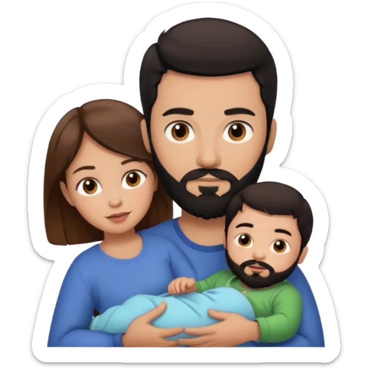 Una mujer con pelo castaño y ojos marrones  con un bebé y un hombre con pelo negro y barba sin bebe sticker