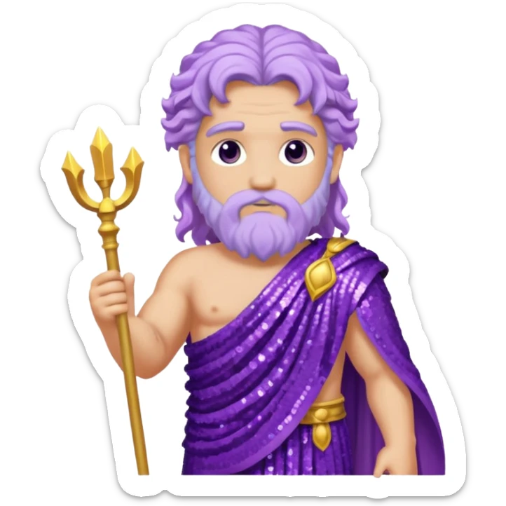 Zeus from Roman Deities with long lilac wavy hair, purple sequin toga sticker