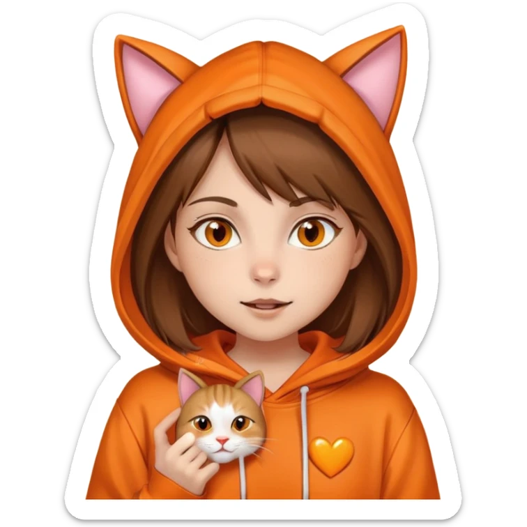 Una niña piel blanca, pelo castaño y lacio, ojos color miel, con un poleron naranja que en el gorro tiene una cara y orejas de gato, mordiendo un corazón naranja  sticker