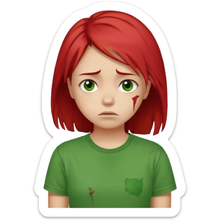 Young girl with red, damaged, and unattractive hair, wearing a green T-shirt, with a sad and subdued expression. sticker