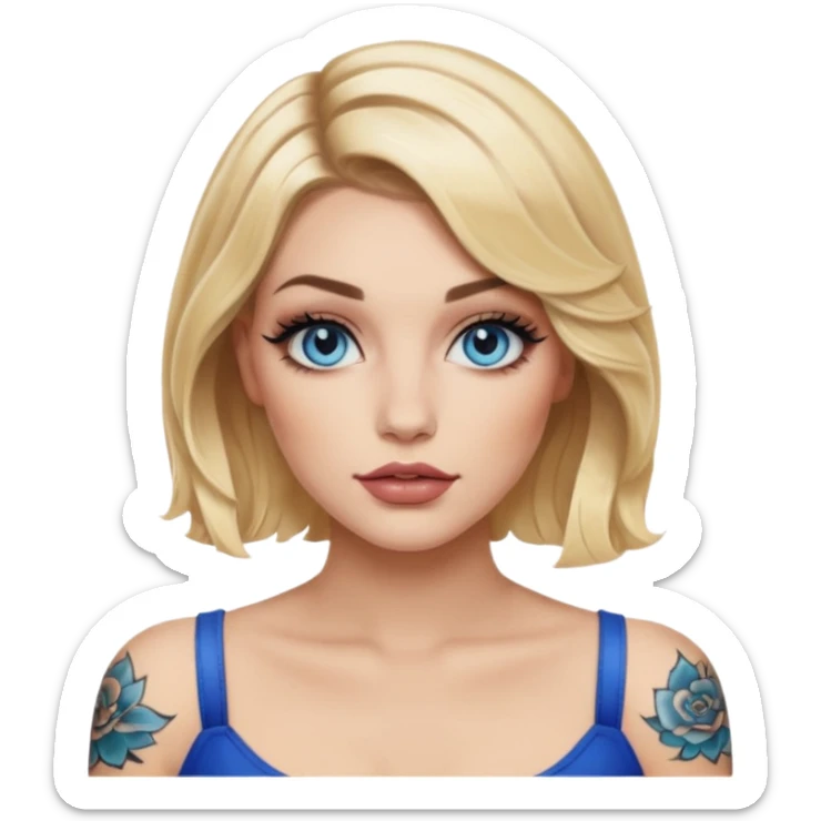 Woman, Blonde hair wavy Medium blunt bob, blue eyes, makeup Smokey lid with doe lashes, fuller glossy lips, tattoo on arms, wearing black sticker