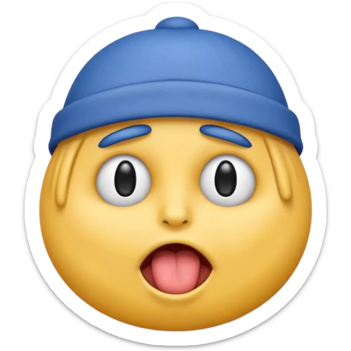 An emoji with a blue hat on its head and 1 blink and tongue sticking out sticker