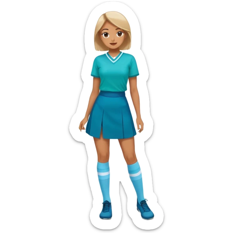 woman wearing teal wrap shirt, blue a-line skirt, light blue knee-high socks sticker