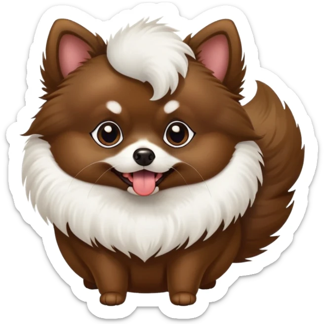 A dark brown Pomeranian with pointed ears and a tongue sticking out. It has white fur only under its lips and on its belly. The ears are pointed. The tail is curled like a snail. sticker