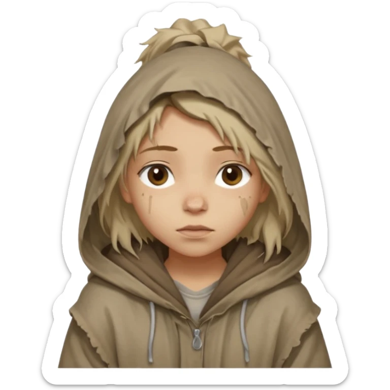 Young beggar little girl character, chest-up portrait, wearing worn and oversized clothes, hair is visible, no hat or such, neutral earth-tone fabric, slightly messy hair peeking from under a hood, tired but gentle eyes, subtle dirt marks on face, sticker
