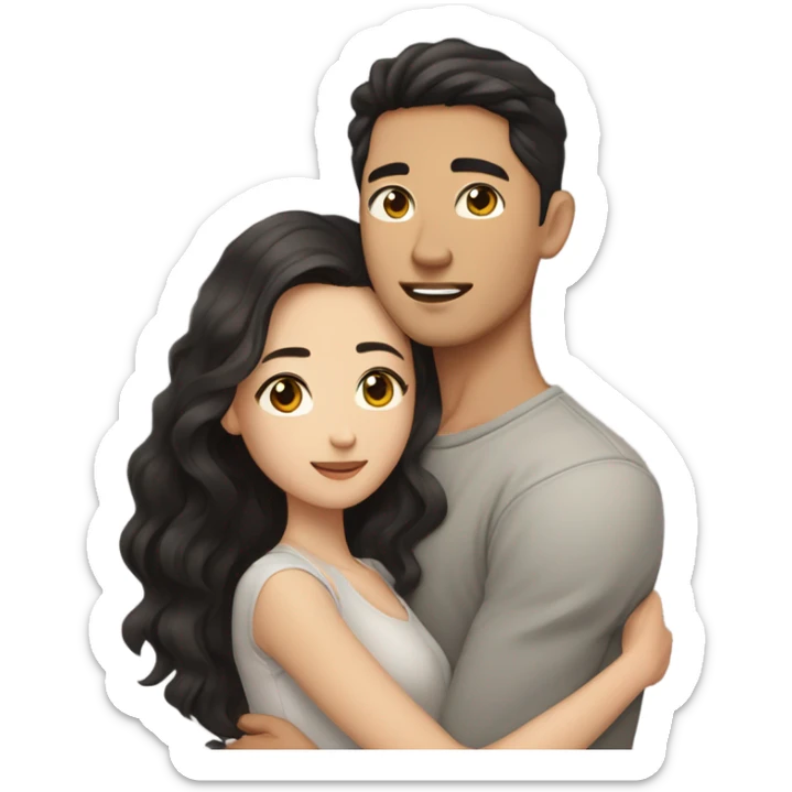 A half pale Asian man with short dark hair and amber eyes embracing and loving a half Asian woman with long wavy dark hair and dark hazel eyes. They love each other a lot And have good fashion taste and are hugging each other tight  sticker