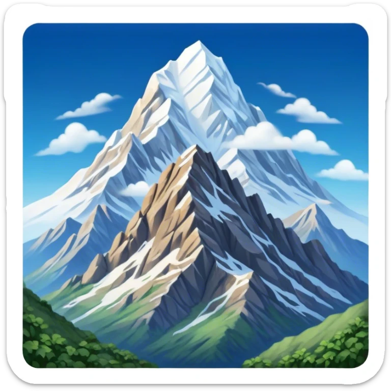 Cinematic Realistic Mountain Emoji, Majestic and towering, with craggy, snow-capped peaks rising sharply against a deep blue sky. The rugged terrain is dotted with rocky outcrops and patches of greenery, with clouds swirling around the higher reaches. Soft glowing outline, capturing the essence of ancient strength and natural beauty in a towering mountain! sticker