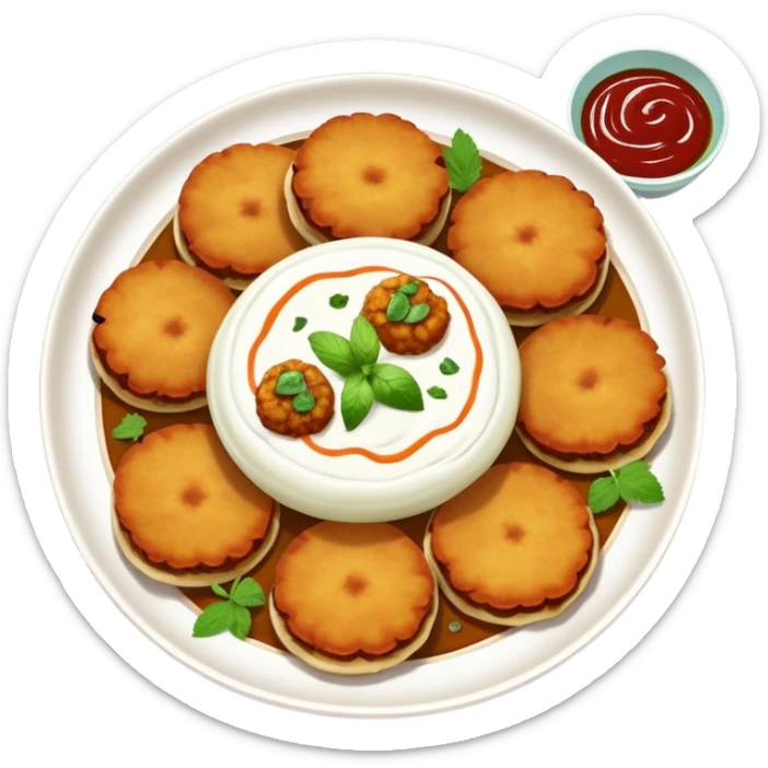 Aloo Tikki Chaat, Indian street food with potato patties, yogurt, and chutneys sticker