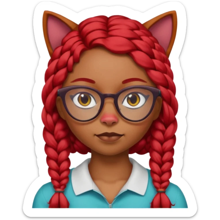 Dark Tan girl with long red plaits and red trimmed cat eye glasses head neck and shoulder shot only sticker