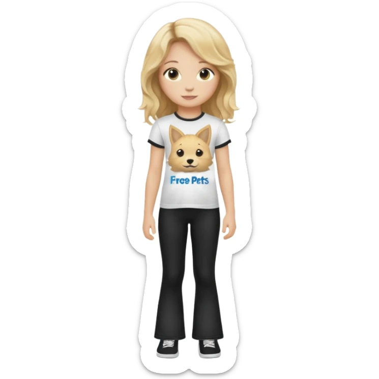 10 year old girl wearing flares black leggings and and a t-shirt that says " Free pets for lifee 💓" and her hair is blonde Wavy sticker