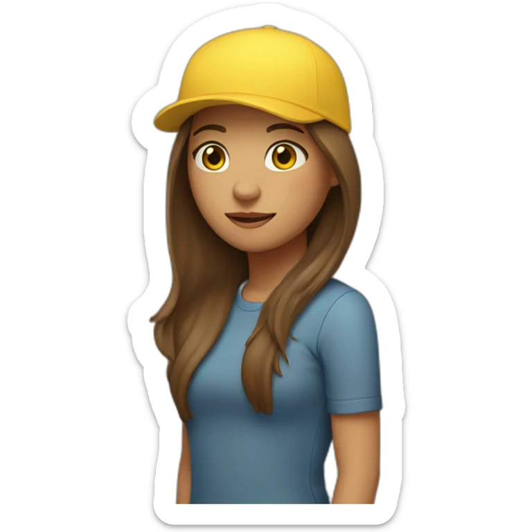 a girl with long brown hair, with a bandaid in her nose and a yellow backward cap sticker