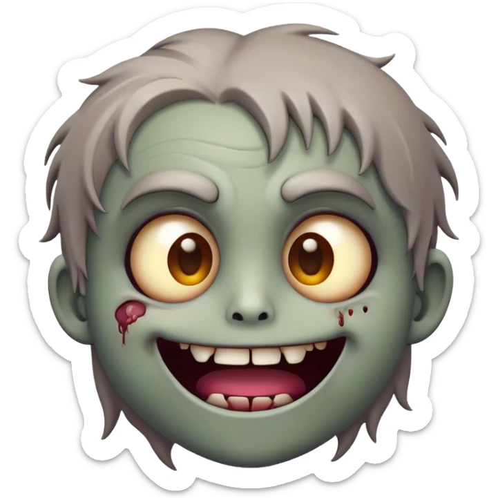 Cinematic Cute Zombie Portrait Emoji, with a delightfully quirky, slightly disheveled face in muted ashen hues, featuring quirky bright eyes and a playful, stitched-together smile, simplified yet irresistibly charming, highly detailed with a soft glowing outline that captures the adorable, offbeat spirit of a zombie who’s more cute than creepy! sticker