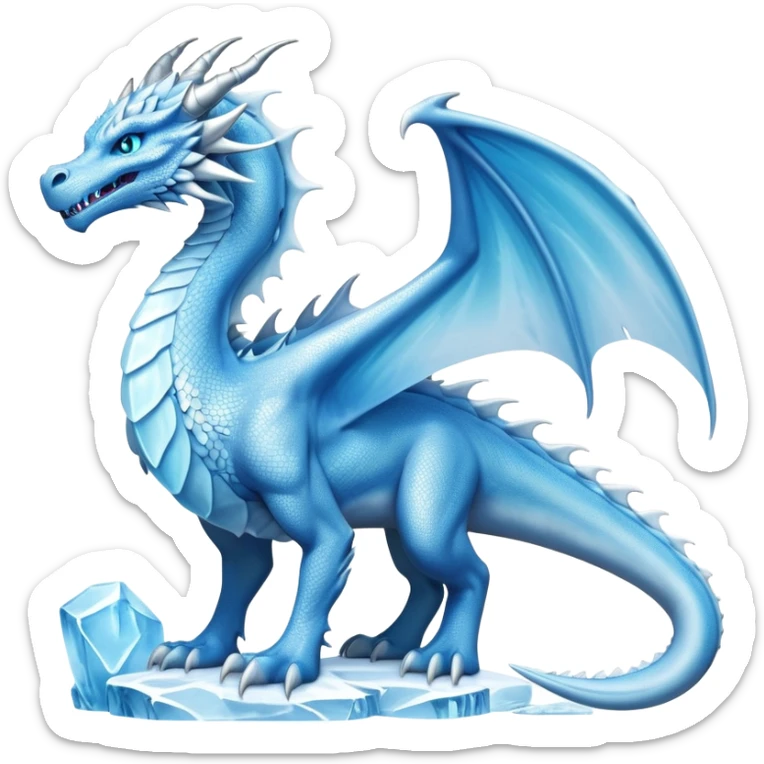 Cinematic Noble wise elegant Ice Dragon full body  Emoji, Poised and imposing, distinct long elegant snout, with a slender, scaled body shimmering in glacial hues of icy blue, frostbitten silver, and crystalline white, breathing out frost, with piercing, glowing ice blue white eyes that radiate the chilling depths of an arctic storm; rendered in detail. excuding wisdom sticker