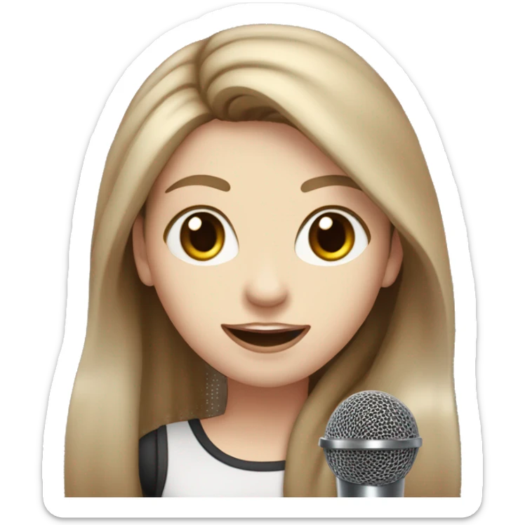 a girl with brown long layered middle parted hair, hazel eyes, pale skin, dark lips, singing into a microphone sticker