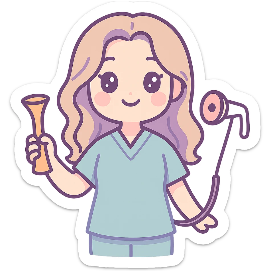 A kawaii style girl with appearance and clothing as in the reference, holding an obstetric stethoscope in one hand, the other hand down, smiling. Detailed shadows and highlights, thin clean contours, soft rounded shapes, pastel palette #98B5BC, #B5B3C1, #C9A3C9, #E4C0CA, #F7DCD1, #F7C0AA, soft lighting, transparent background, no decorative elements. sticker