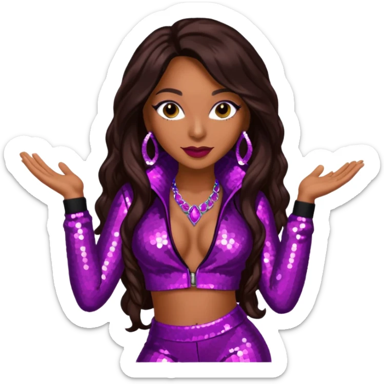 Mya, R&B Singer with dark brown long hair, meganta sequin outfit sticker