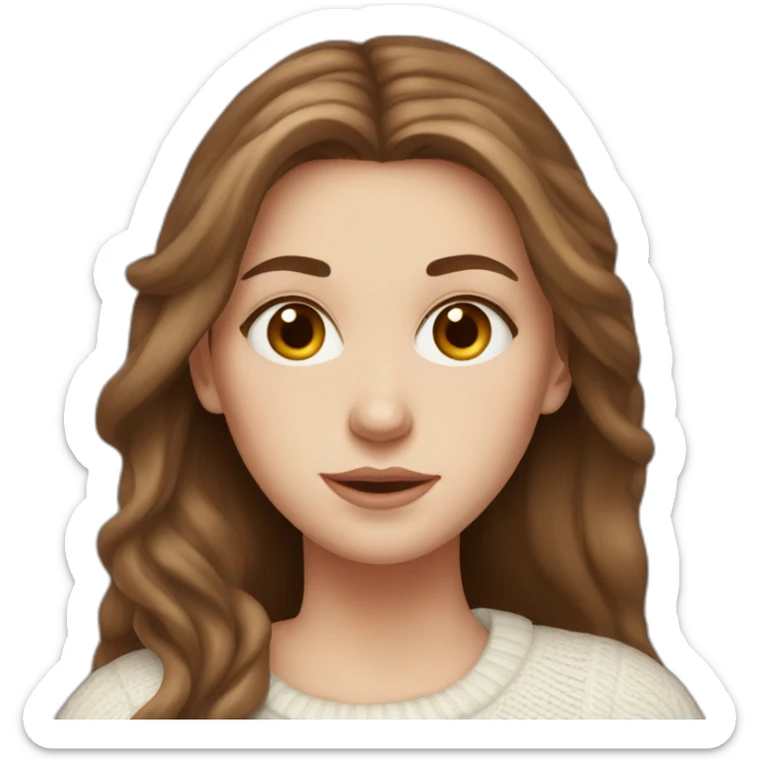  white girl with long brown hair, thin in a white sweater has heart eyes sticker