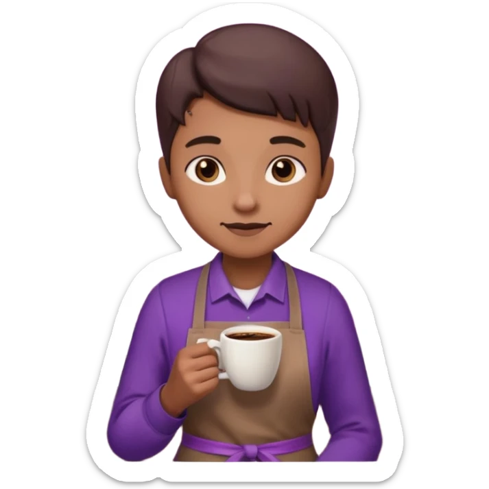 Create 3D minimalist emoji in the style of Coffee Lover — a coffee shop and roastery brand.
Style: cozy, warm.
Colors — purple-pink range.
barista with coffee
on the form it says "Coffee Lover" sticker