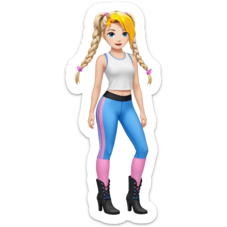 Beauty with blonde balayage and pink highlights long hair half braids with blue eyes wear White sexy top and black Leggins and Boots with heels sticker
