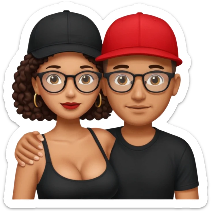 A picture of an embracing tanned couple. the man is a Mexican man with tanned skin, with a bald hair cut wearing a red SnapBack hat and wearing a black shirt. the woman is mixed, with glasses,  with long curly dark brown hair and with big boobs.  sticker