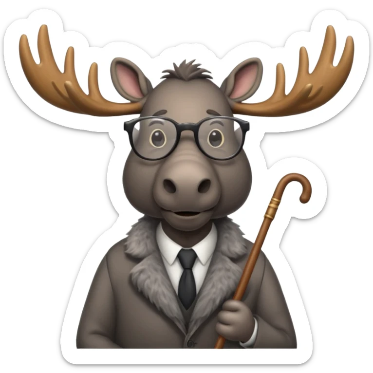 Create a slack emoji of a moose that looks very old.  He may have grey hair, glasses, and a cane. sticker