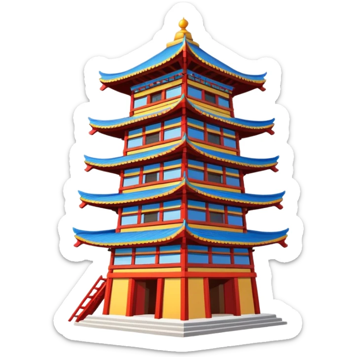 Dong minority drum tower wooden building, simplified emoji style with bold outlines and bright colors, cartoon style traditional wooden tower sticker