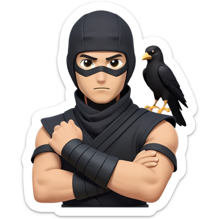 clash-of-clans-aesthetic_-cinematic-mysterious-male-ninja-portrait-emoji, rendered in a flat, vector-style with minimal shading and bold, simplified shapes, his arm is stretched out  with a head slightly turned revealing intense, focused eyes. the ninja has his arm out and perched on top of his forearm is  a black crow sticker