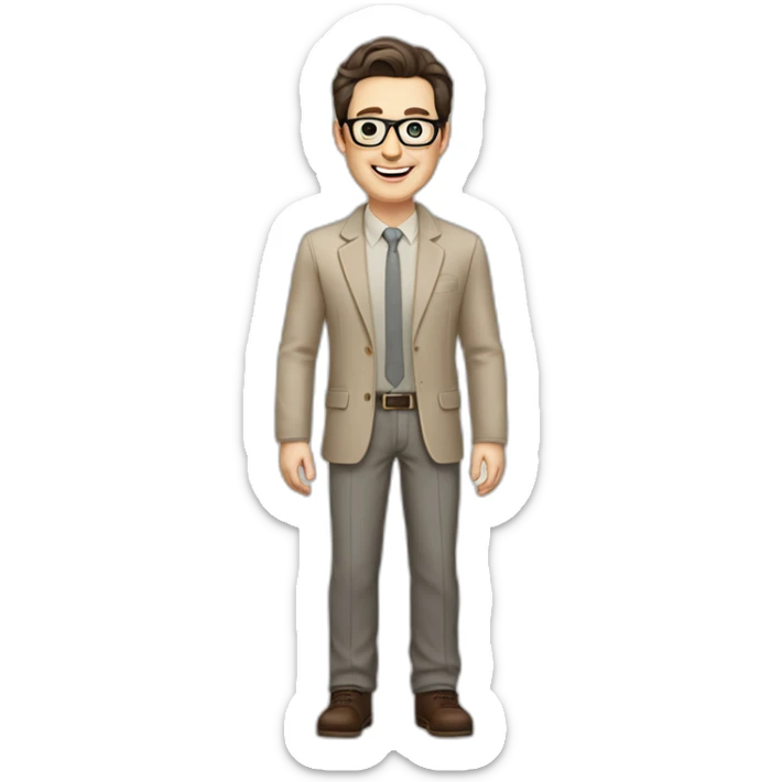 Joyful Full height Pale skinned Fit Man With dark brown hair in gray jacket, beige office shirt, Brown pants and vintage glasses. His thrumbs up sticker
