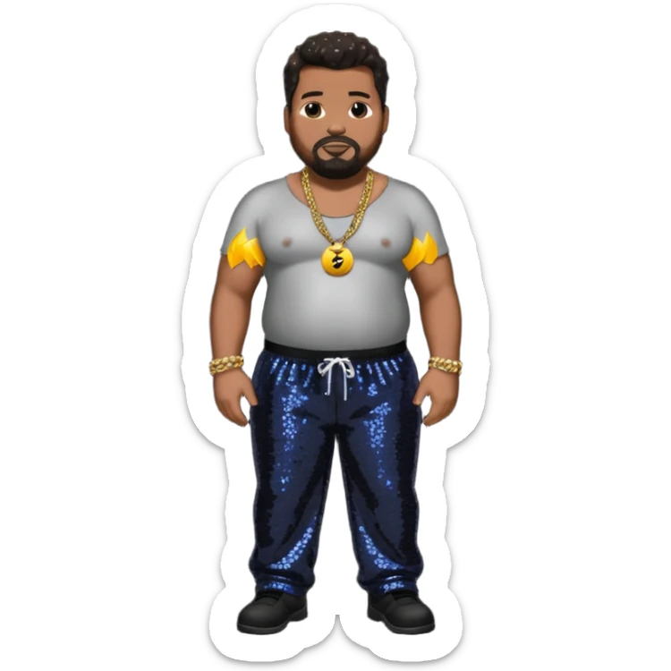 Fatman Scoop with dark brown hair, black sequin baggy pants, shirtless with necklace sticker