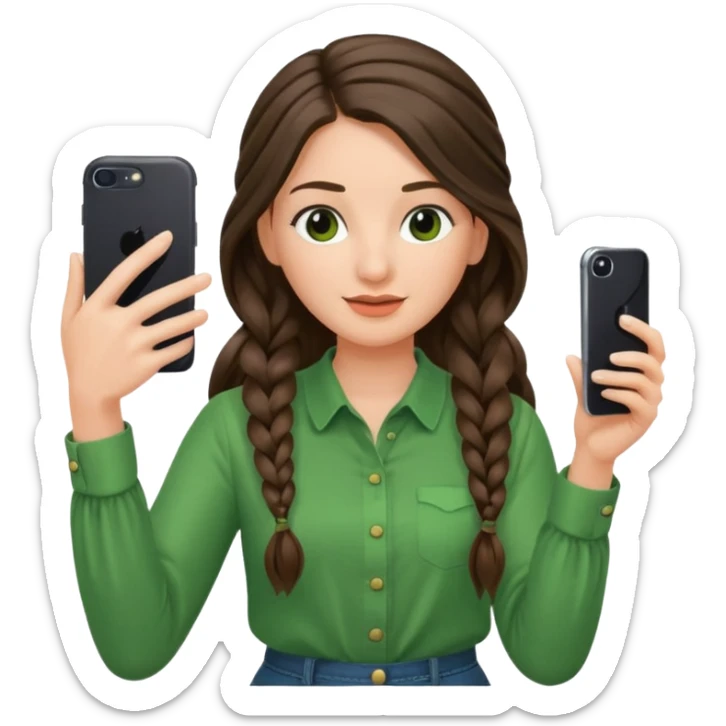 brunette long braided haired woman with green blouse holding her phone having selfie sticker