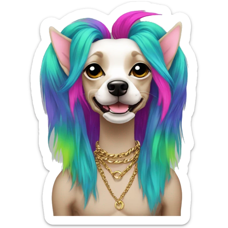 Punk Chinese crested dog neon rainbow hair gold chain punk piercings tattoos punk ear piercings sticker