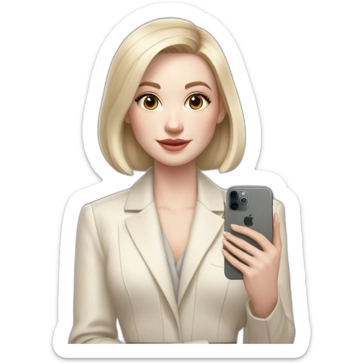 pale skin woman with ash blonde Straightened bob Hair, White Spacious classical jacket, beige palazzo Arrow pants and gray blouse holding white IPhone 15 pro in the hands sticker