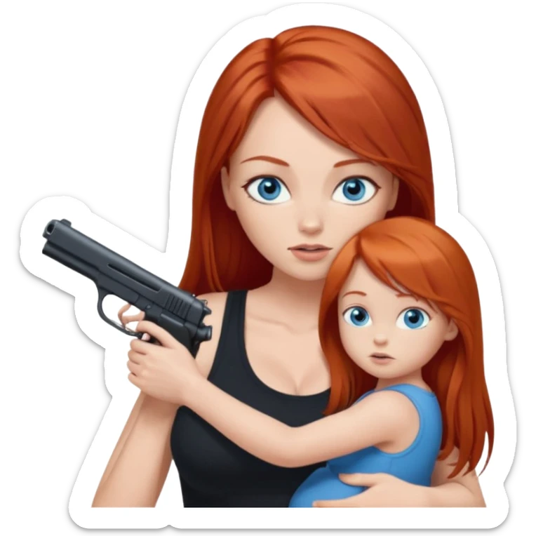 A red head with long straight hair, she has blue eyes with big boobs. She’s wearing a black tank top and holding a gun up in one hand and a baby boy with blue eyes sucking on one of her boobs in the other arm sticker