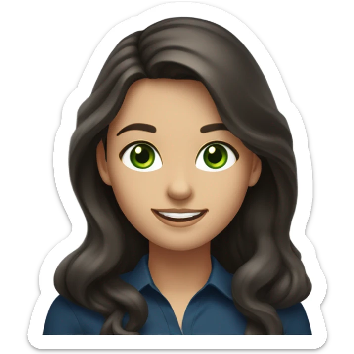 a brunette with long hair and green eyes in a dark blue blouse smiles sweetly sticker