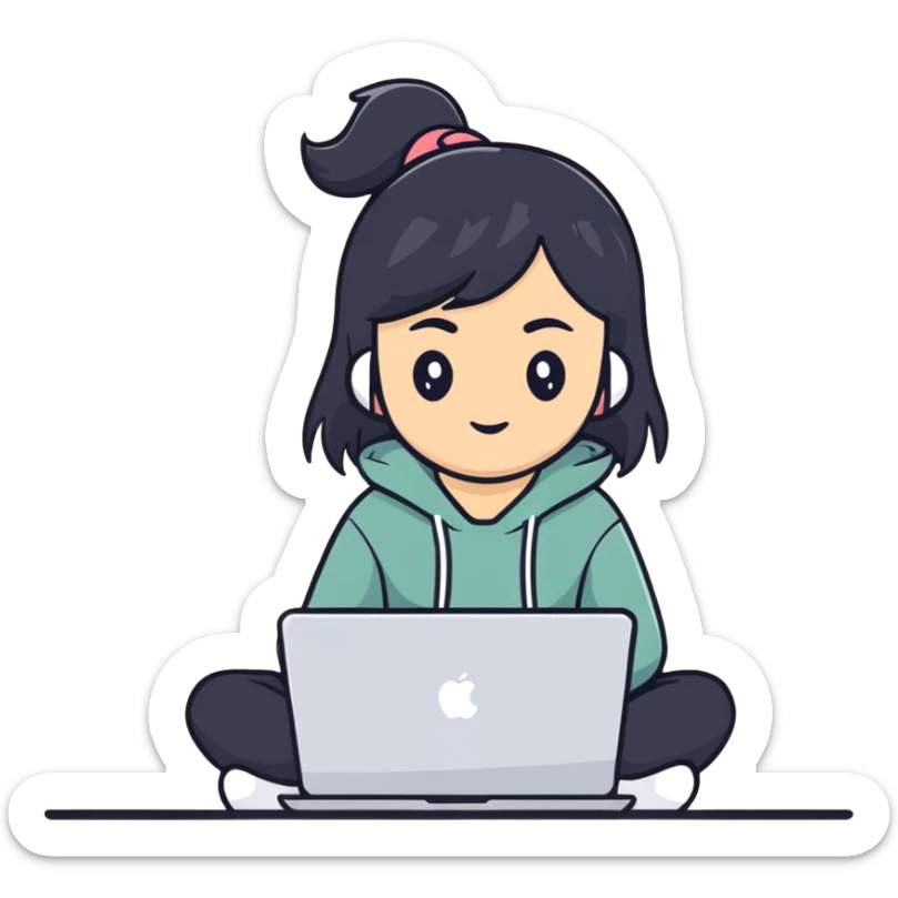 Asian girl with black hair sitting and watching a MacBook laptop sticker