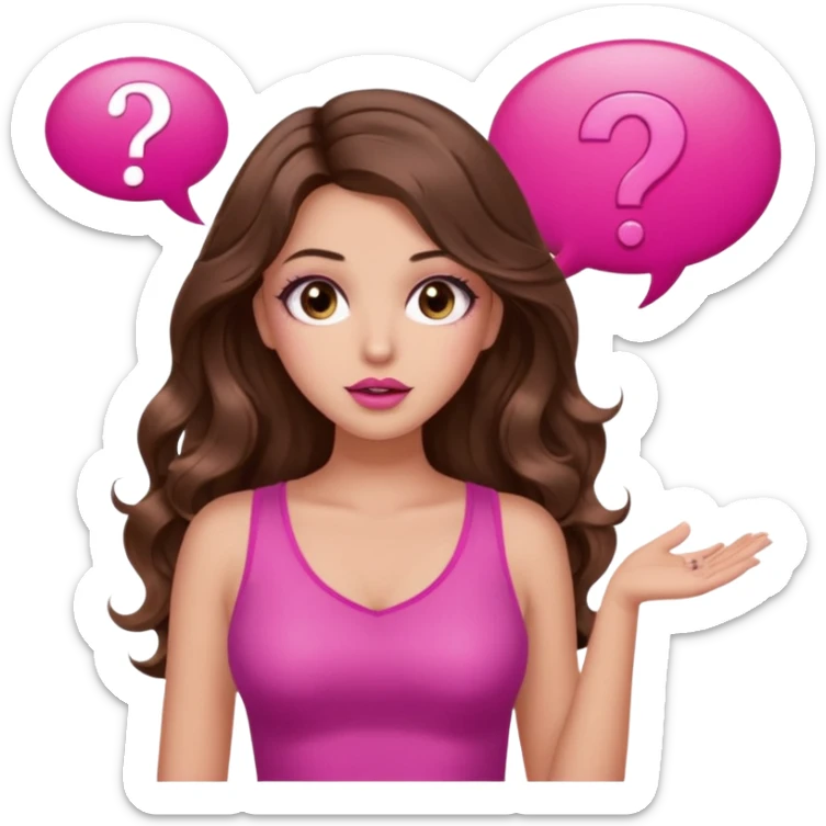 girl with long wavy brown hair, brown eyes, long lashes makeup, sexy pink lips, light to medium complexion, wearing a pink sexy top, shugging, question mark one speech bubble sticker