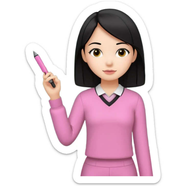 a girl with black straight like hair wearing pink not hot pink 2 piece set teaching up on a board sticker
