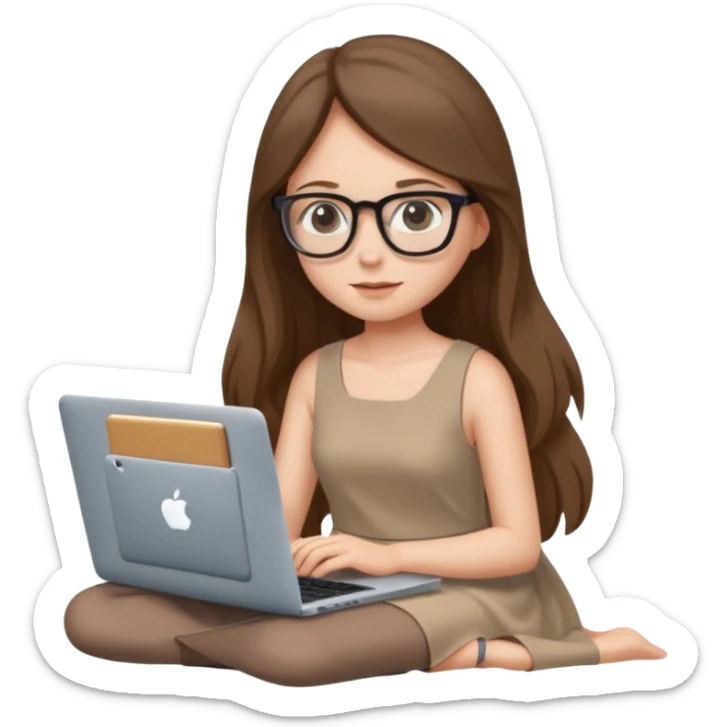 Girl in glasses,brown long hair, beige dress, sitting with gray MacBook sticker