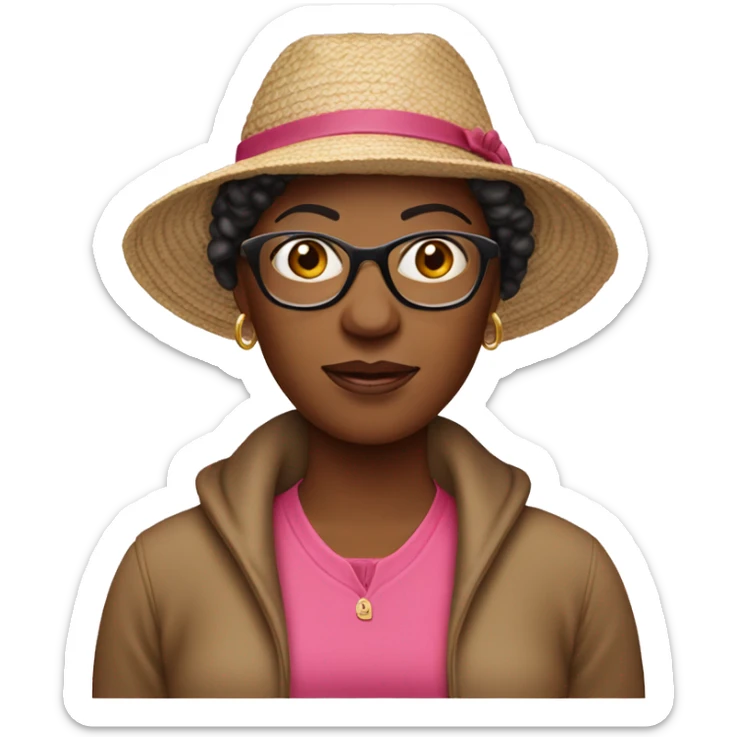 55-year-old Jamaican woman with dark red colored short hair, pink sweater and brown glasses wearing beach hat sticker