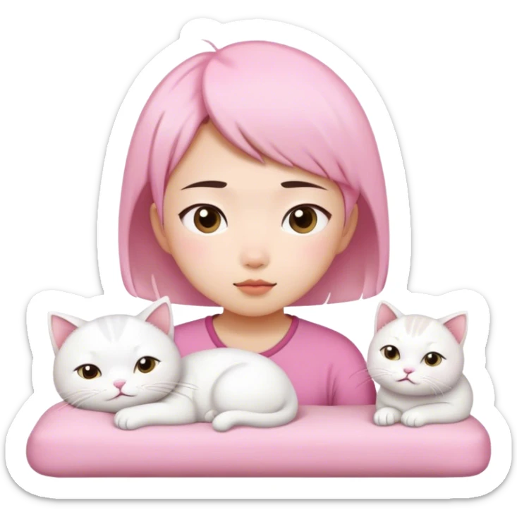 Short hair Asian girl wear in pink wake up with white cat  sticker